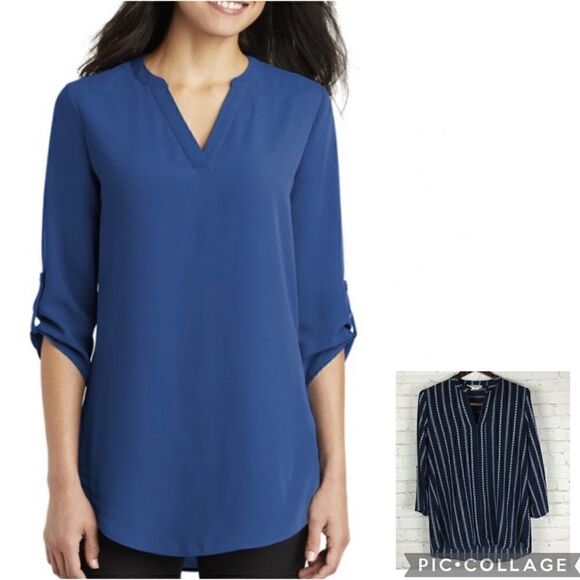 Sweet Wanderer crepe 3/4 sleeve draped pleated tunic size large navy pinstripe - Picture 10 of 11